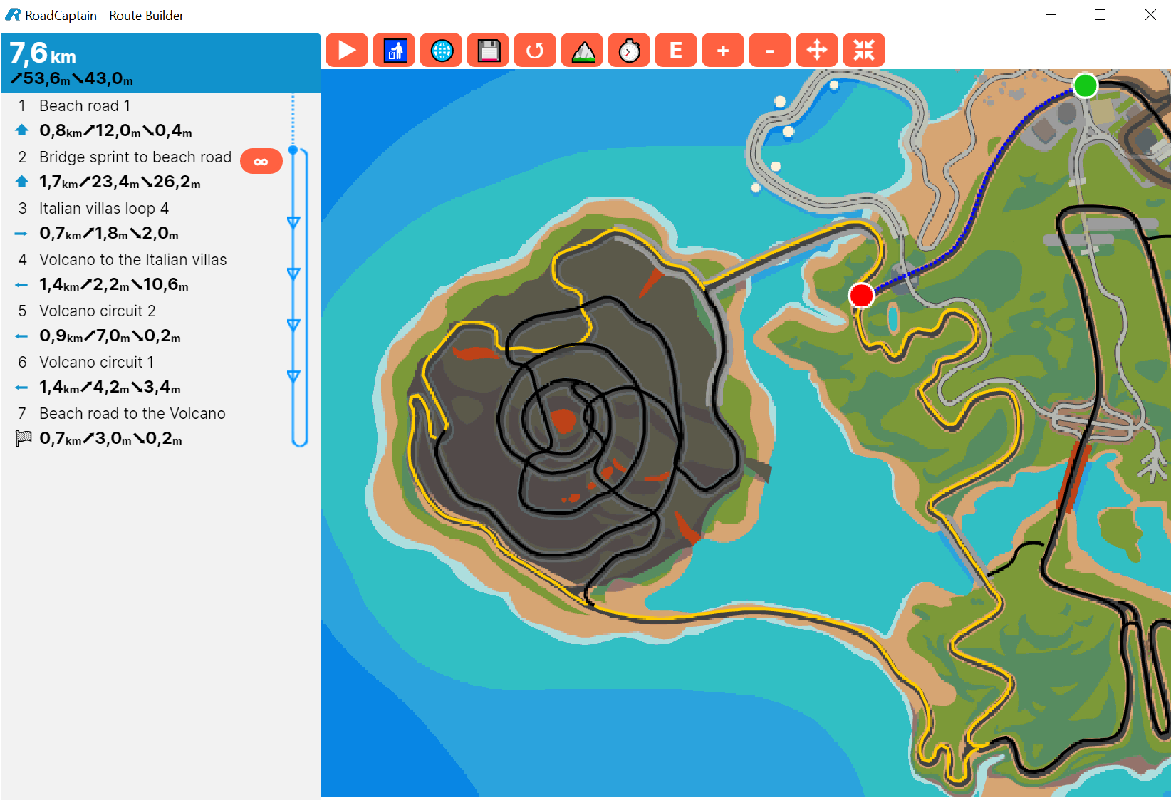 Screenshot of Route Builder with a looped route showing the colors